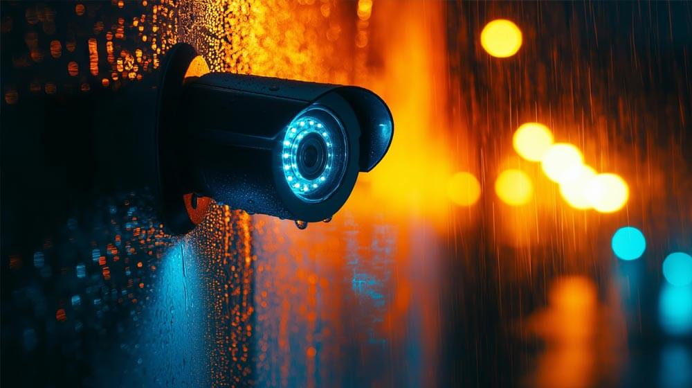 Caméra de surveillance nocturne sur un bâtiment extérieur à Strasbourg